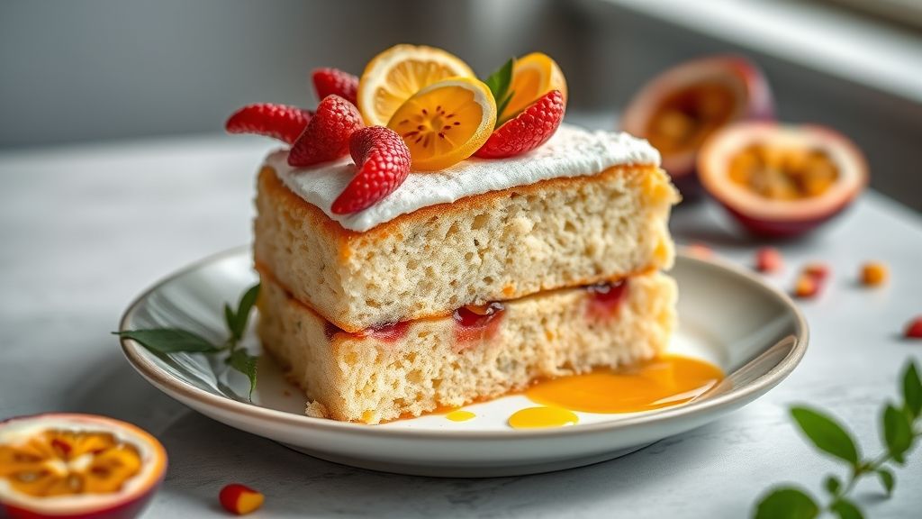 Bolo de maracujá fofinho com calda dourada e sementes, servido em prato branco, textura leve e aparência irresistível