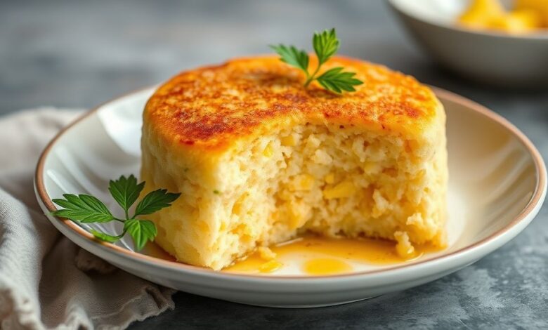 Bolo de milho dourado e macio, cortado em pedaços e servido em prato rústico com xícara de café ao lado.