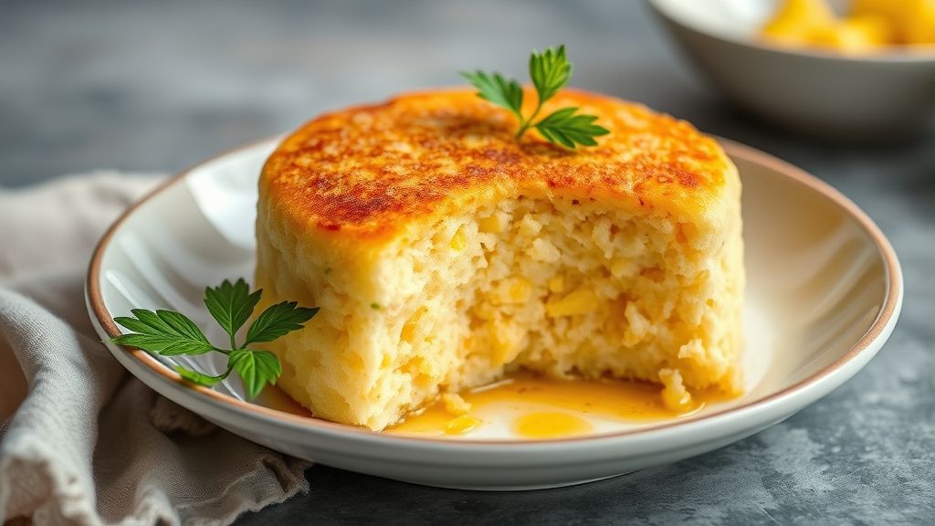 Bolo de milho fofinho com bagaço cortado em fatias, dourado e úmido, servido em prato de sobremesa com café.