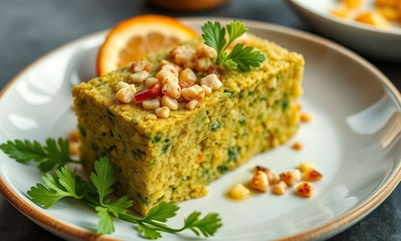 Bolo de milho verde caipira dourado, com textura cremosa e cobertura de coco, servido sobre mesa rústica com xícara de café