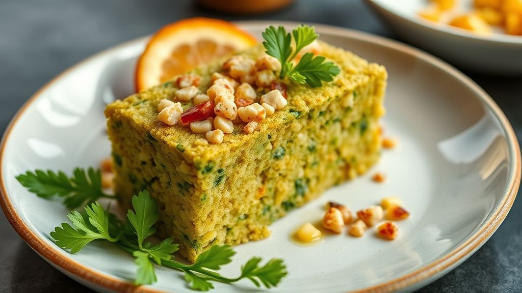 Bolo de milho verde caipira cremoso, dourado e úmido, servido em fatias e decorado com coco ralado