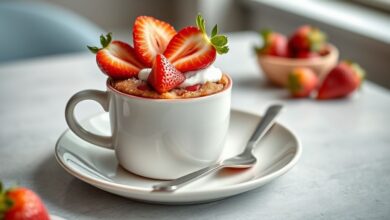 Bolo de morango na caneca fofinho e úmido, decorado com morangos frescos e chantilly, servido em caneca branca charmosa