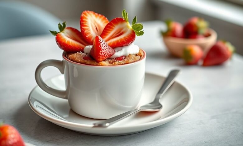 Bolo de morango na caneca fofinho e úmido, decorado com morangos frescos e chantilly, servido em caneca branca charmosa