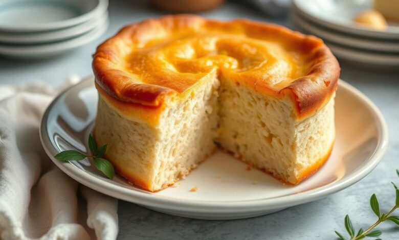 Bolo dourado e bonito, recém-desformado, mostrando a casquinha leve obtida com a mistura para untar sem farinha