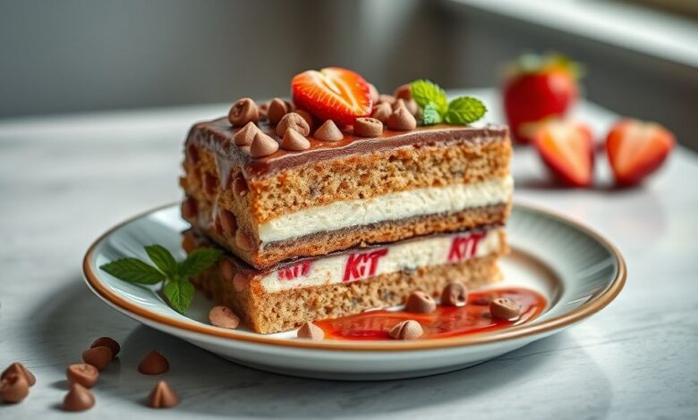 Bolo Kit Kat montado com barras ao redor e confeitos coloridos no topo, com acabamento elegante de fita