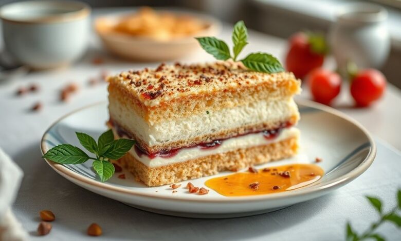 Bolo pega marido cremoso dourado, coberto com calda de coco e aparência úmida e convidativa