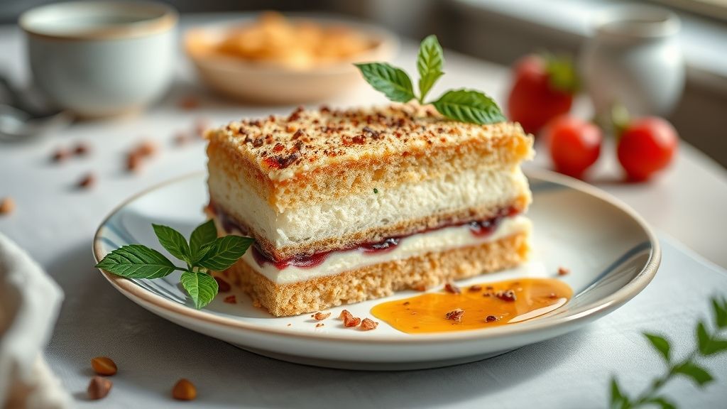 Prato com fatia de bolo pega marido cremoso dourado com calda de coco e textura úmida