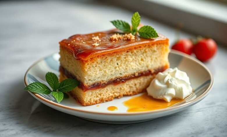 Bolo pega marido de doce de leite finalizado, dourado, cremoso e decorado com doce extra e raspas, pronto para servir em mesa elegante