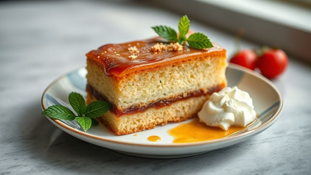 Bolo pega marido de doce de leite finalizado, dourado, cremoso e decorado com doce extra e raspas, pronto para servir em mesa elegante