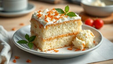 Bolo pega marido dourado, cremoso e coberto com coco ralado, servido em prato branco elegante