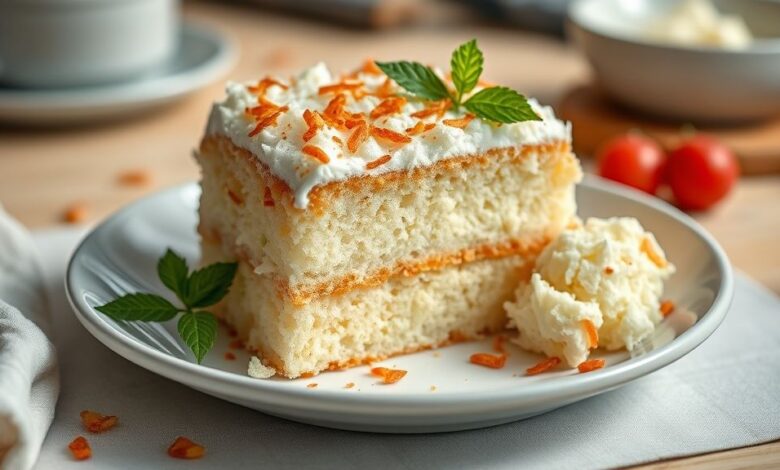 Bolo pega marido dourado, cremoso e coberto com coco ralado, servido em prato branco elegante