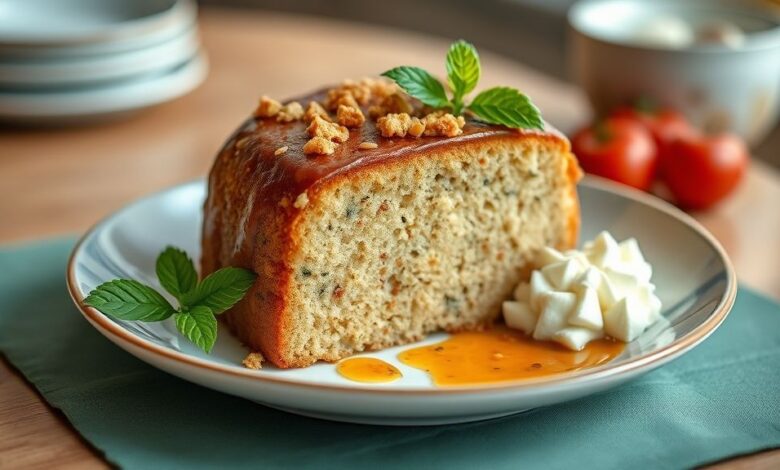 Bolo dourado e úmido, coberto com calda de coco, servido em prato elegante sobre mesa de madeira