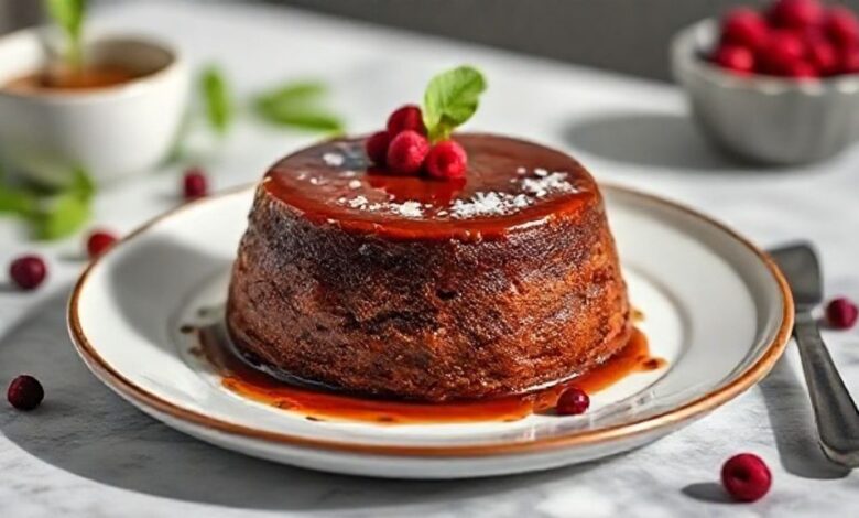 Bolo pudim de chocolate com calda dourada, textura cremosa e corte mostrando as duas camadas perfeitas