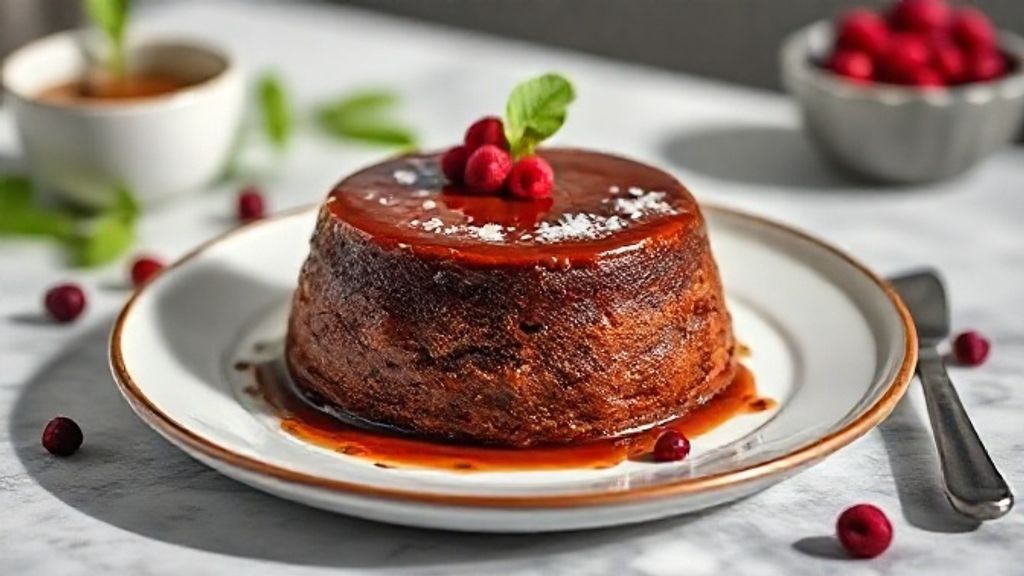 Bolo pudim de chocolate pronto com calda caramelizada brilhante e camadas perfeitas