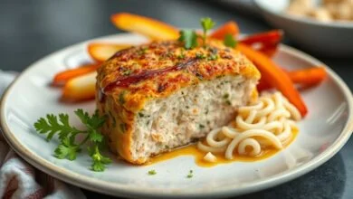 Bolo salgado de frango cremoso decorado com purê, batata palha e ervas frescas, servido em prato branco