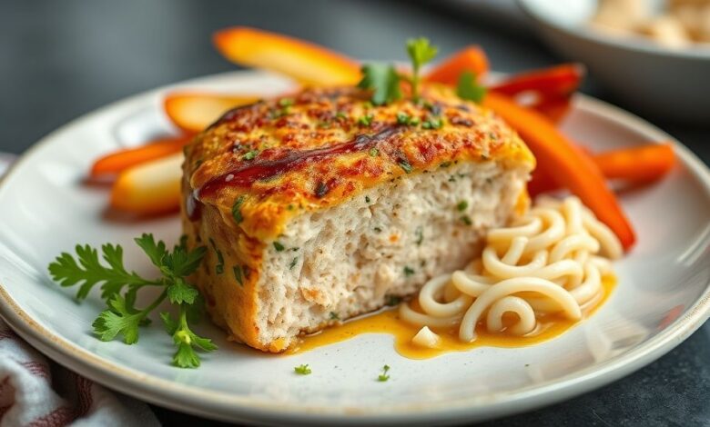 Bolo salgado de frango cremoso decorado com purê, batata palha e ervas frescas, servido em prato branco