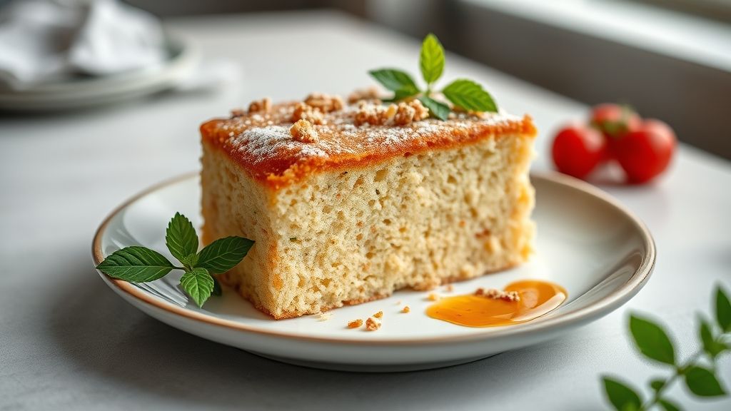 Bolo sem manteiga caseiro, dourado e macio, sobre prato branco com toque de baunilha