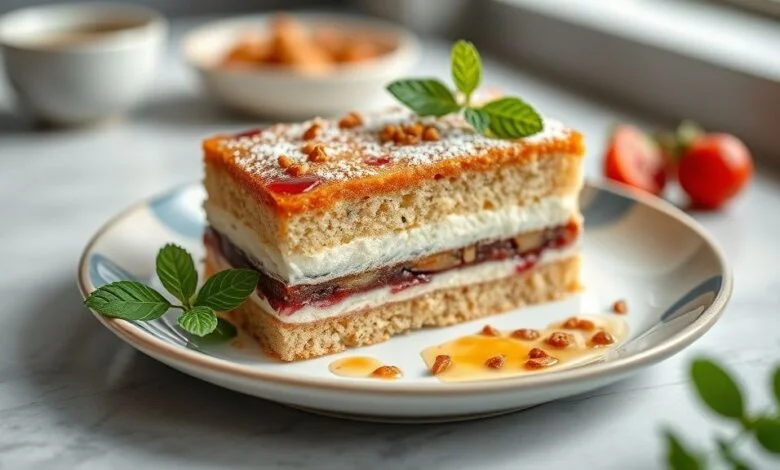 Bolo dourado, fofo e sem óleo, servido em prato branco com aparência leve e úmida