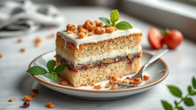 Bolo pronto, dourado e fofinho, servido em fatias sobre uma mesa rústica ao lado de uma xícara de café