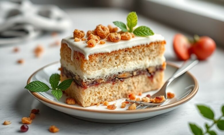 Bolo pronto, dourado e fofinho, servido em fatias sobre uma mesa rústica ao lado de uma xícara de café