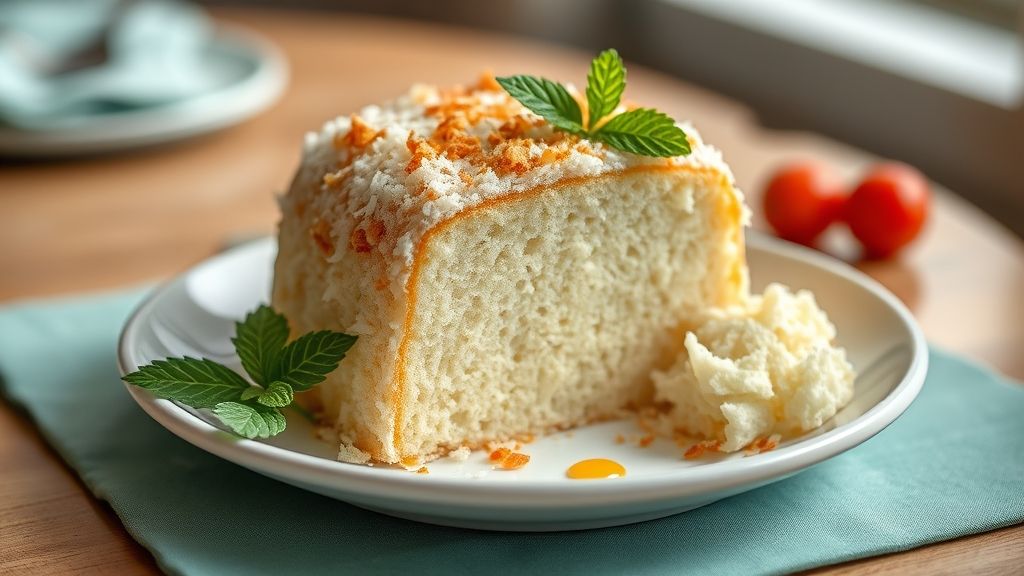 Bolo toalha felpuda cremoso decorado com coco ralado, textura úmida e aspecto brilhante servido em prato branco.