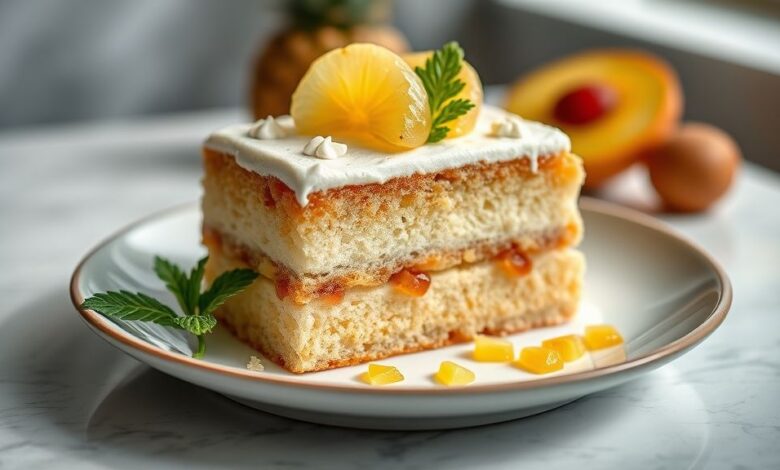Bolo de abacaxi trufado finalizado, com cobertura de chantilly e raspas de chocolate branco, decorado de forma elegante e tropical.