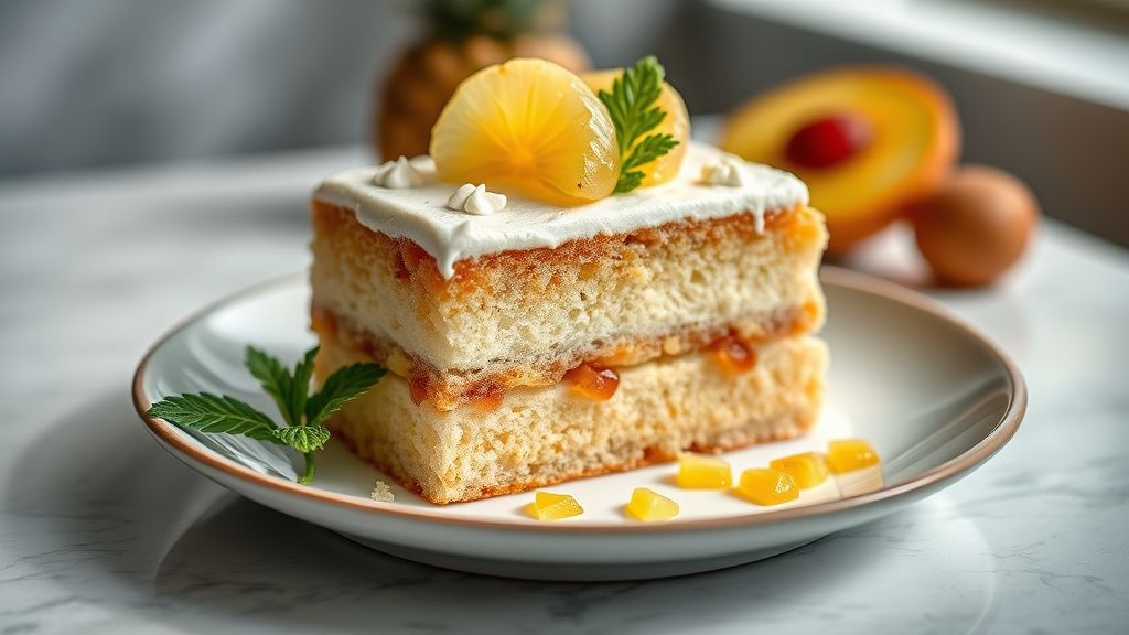 Bolo trufado de abacaxi decorado com coco e chantilly, mostrando o recheio cremoso e textura fofa.