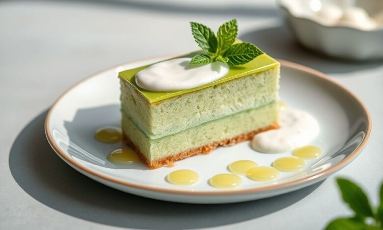 Bolo verde de limão decorado com cobertura cremosa e raspas de limão, servido em prato branco com aparência fresca e convidativa