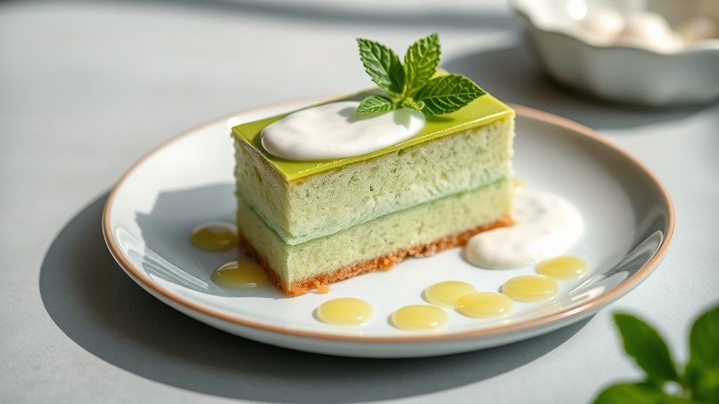 Bolo verde de limão com gelatina e iogurte coberto com creme e raspas de limão, macio e vibrante