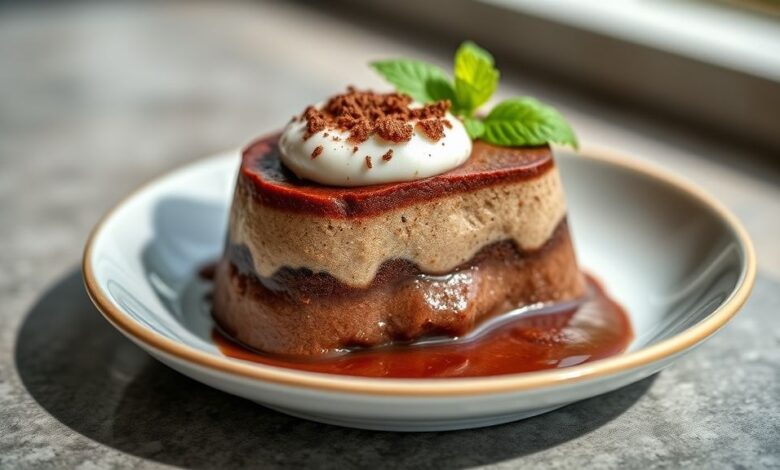 Brigadeirão cremoso decorado com ganache e granulado, servido em prato branco com aparência brilhante e textura aveludada