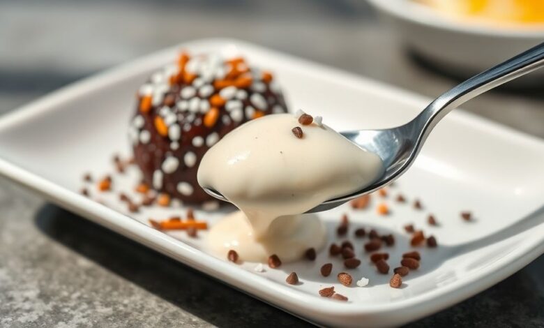 Potinhos de brigadeiro de colher cremoso com granulado e brilho intenso, servidos de forma delicada