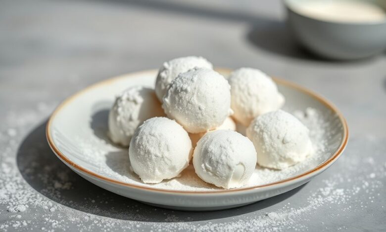 Pequenos brigadeiros brancos e brilhantes dispostos em forminhas, com cobertura fina de leite Ninho e aparência suave e cremosa