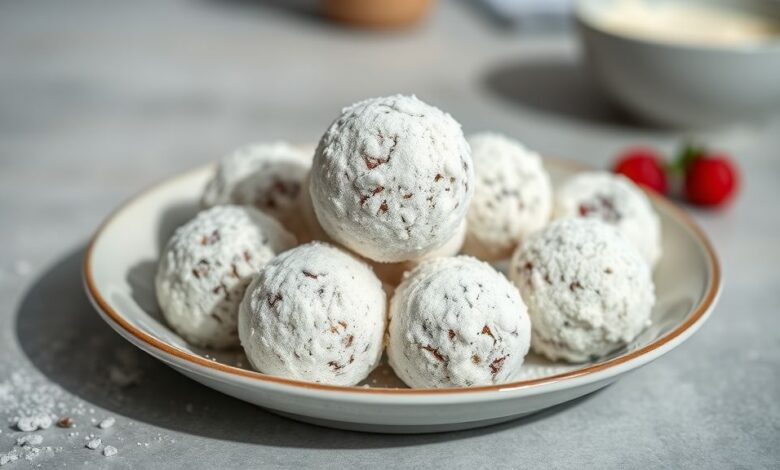 Bandeja com brigadeiros de leite ninho polvilhados, brancos e macios, apresentados em forminhas elegantes