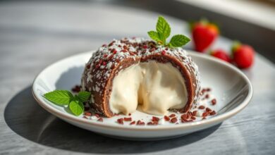 Brigadeiro de travessa cremoso servido em travessa de vidro, com granulado de chocolate e textura aveludada