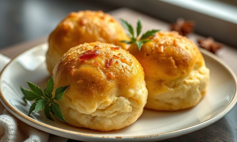 Broas de fubá com erva-doce douradas, com casquinha crocante, dispostas em uma cesta sobre toalha xadrez