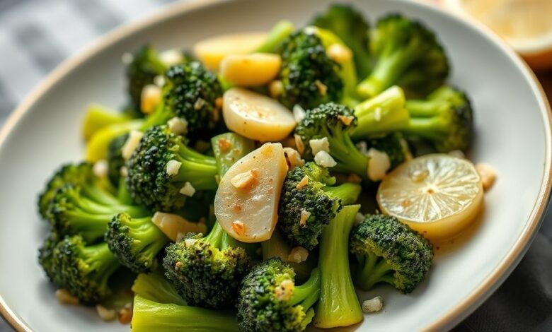 Brócolis simples salteado na manteiga com alho, cor verde intensa e aparência suculenta, servido em prato branco.