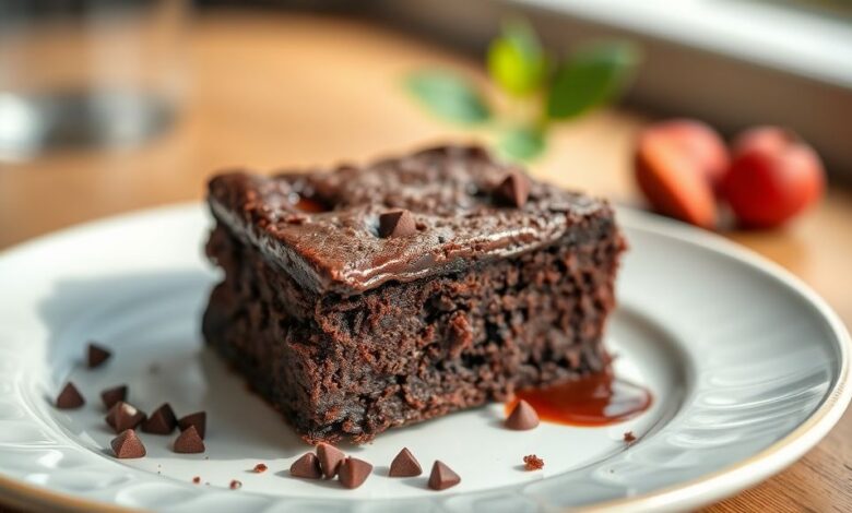 Brownie úmido e brilhante, cortado em quadrados, com casquinha crocante e interior macio, em um prato elegante