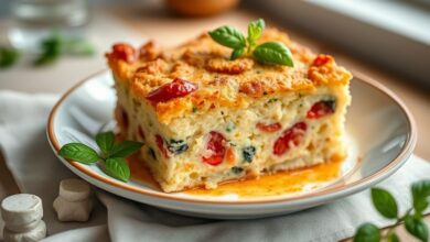 Caçarola italiana dourada e macia, polvilhada com açúcar e canela, servida em fatias apetitosas.