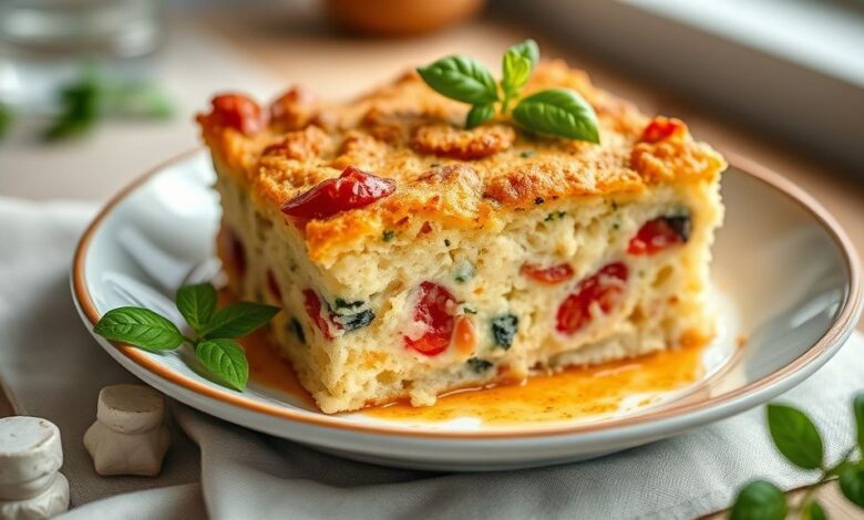 Caçarola italiana dourada e macia, polvilhada com açúcar e canela, servida em fatias apetitosas.