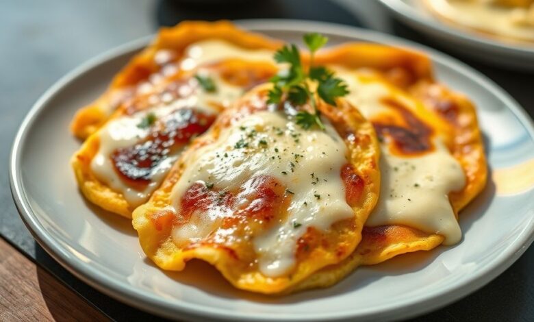 Panquecas de milho douradas e macias dobradas com queijo derretido escorrendo, servidas em prato rústico