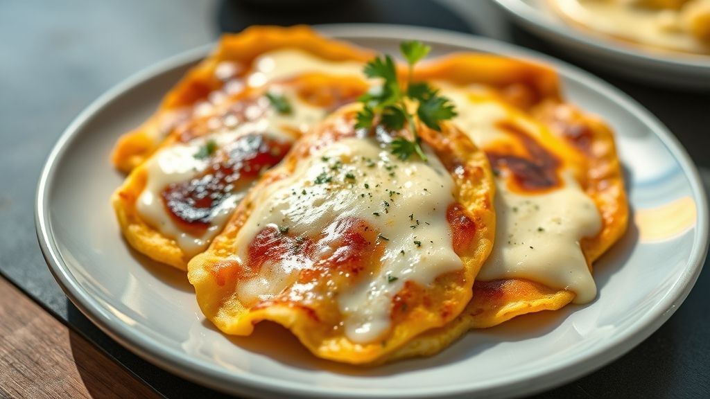 Panquecas de milho douradas e macias dobradas com queijo derretido escorrendo, servidas em prato rústico