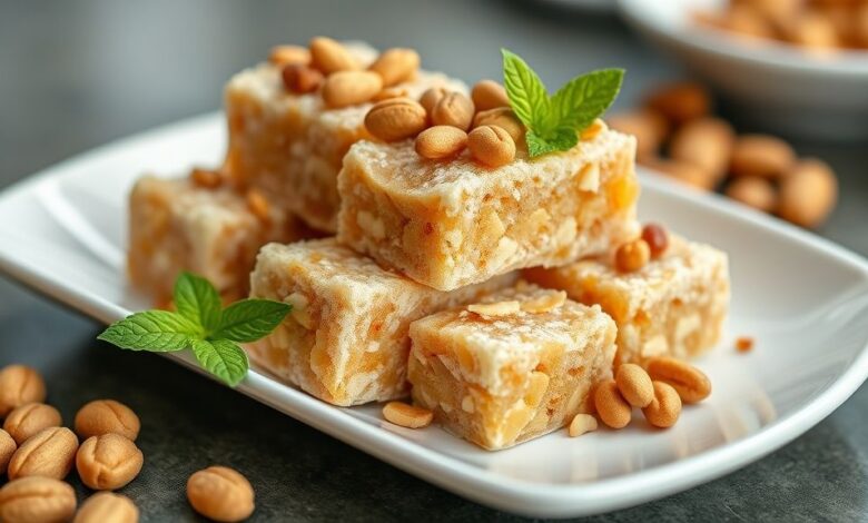 Docinhos de festa em formato de caju, cobertos com açúcar e decorados com amendoim torrado, servidos em forminhas coloridas.