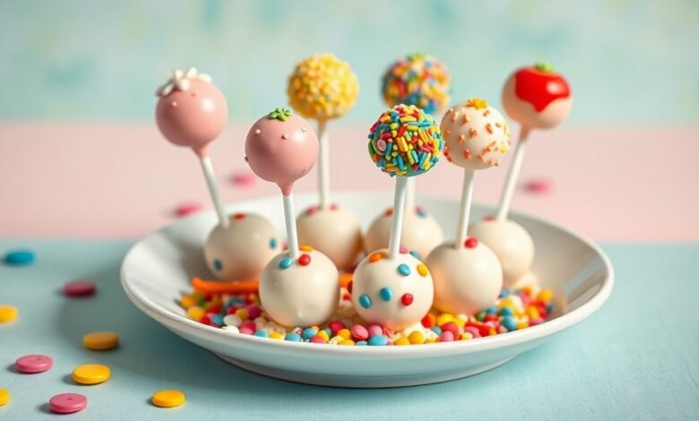 Cake pops coloridos e decorados com confeitos coloridos, expostos em um suporte de festa infantil