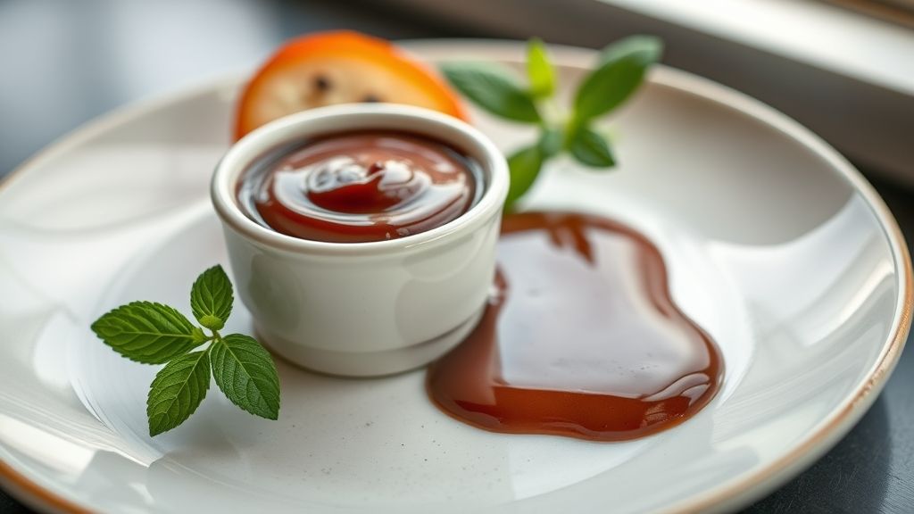 Calda de chocolate sem manteiga cremosa e brilhante servida em tigela branca pronta para cobrir sobremesas