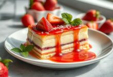 Pudim cremoso coberto com calda de morango vermelha e brilhante, servido em prato branco elegante.