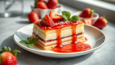 Pudim cremoso coberto com calda de morango vermelha e brilhante, servido em prato branco elegante.