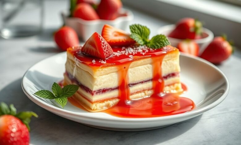 Pudim cremoso coberto com calda de morango vermelha e brilhante, servido em prato branco elegante.