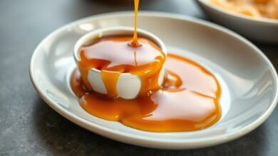 Caramelo caseiro dourado e brilhante escorrendo de uma colher sobre sobremesa