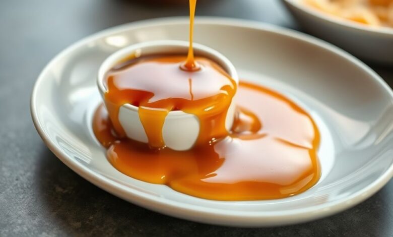 Caramelo caseiro dourado e brilhante escorrendo de uma colher sobre sobremesa