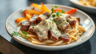 Carne cremosa servida em prato elegante, com molho aveludado e salsinha fresca por cima